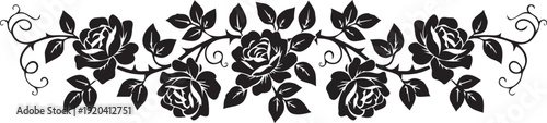 Floral rose border design with black silhouettes of blooming flowers and vine tendrils for horizontal decorative embellishment
