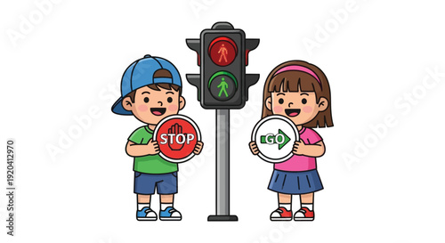 Two smiling children holding traffic signs next to a pedestrian signal showing red and green silhouette high quality professional detailed modern