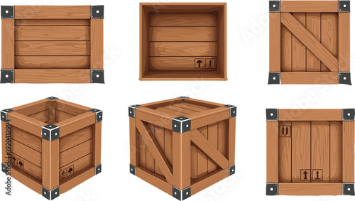 Wooden Cargo Crate Box Set with Metal Reinforced Corners in Different Angles for Shipping, Warehouse Storage and Game Asset Design.