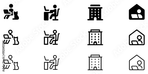 Illustration of remote work icons representing home office activities and digital communication in modern workplace settings