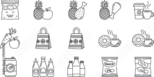 Grocery and Snack Food Line Icons Set Featuring Fruits Coffee Donut Chips and Beverage Packaging Vector Collection