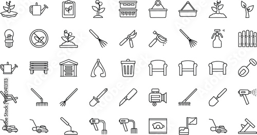 Garden and Home Maintenance Line Icons Set Featuring Plants Tools Furniture and Cleaning Equipment Vector Collection