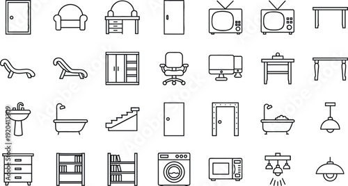 Home Furniture and Interior Line Icons Set Featuring Sofa Bed Door Bathroom Kitchen and Appliances Vector Collection