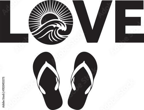 Summer love vector art with sun and waves in o and flip-flops for v and e, beach vacation design