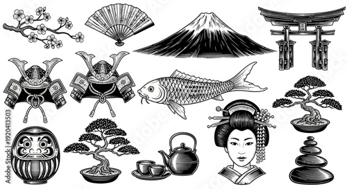 Japanese culture vector set, Mount Fuji, bonsai, samurai