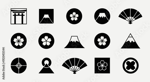 Japanese Icons: Mt Fuji, Torii Gate, Cherry Blossom, Fan, Geometric Patterns