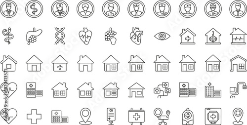 Healthcare and Medical Line Icons Set Featuring Doctors Hospitals Clinics Pharmacy and Insurance Vector Collection