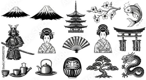 Japanese symbols vector set vintage style