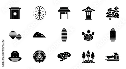 Japanese Traditional Icons Set in Silhouette Style