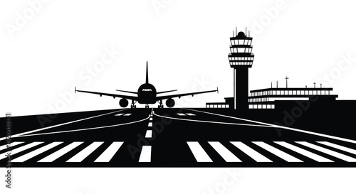 A black and white depiction of an airplane facing an airport control tower and terminal silhouette high quality professional detailed modern