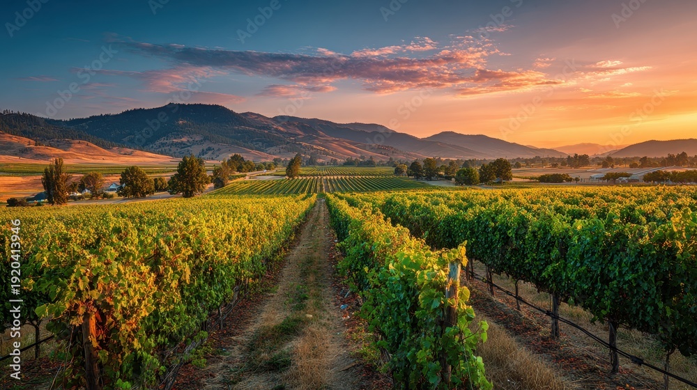 Fototapeta premium Lush vineyard rows stretching towards mountains under a colorful sunset sky