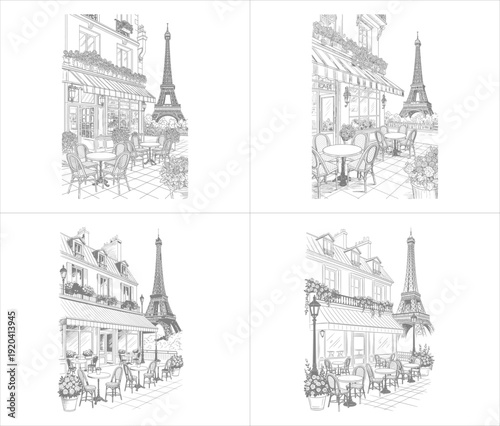 four elegant hand drawn parisian cafe scenes featuring eiffel tower views and terrace bistro sketches with line art design vector illustration artwork