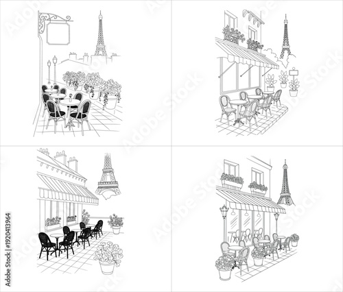 four elegant hand drawn parisian cafe scenes featuring eiffel tower views and terrace bistro sketches with line art design vector illustration artwork