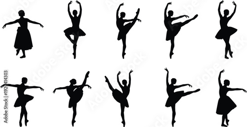 Collection of ballet dancer silhouettes isolated on white background, elegant ballerina performing classical dance poses and pirouettes, black vector illustration set for performance art design