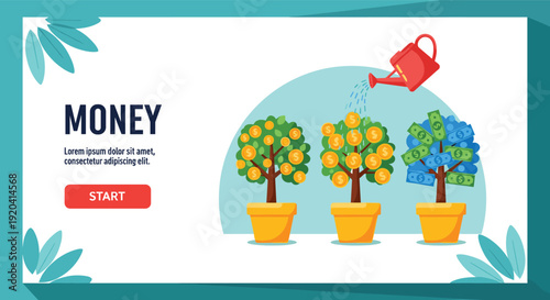 Three Money Trees Being Watered with a Red Watering Can