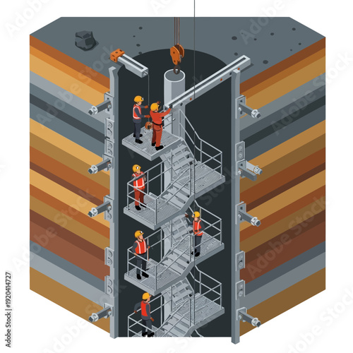 Construction workers on scaffolding in a deep excavation site.