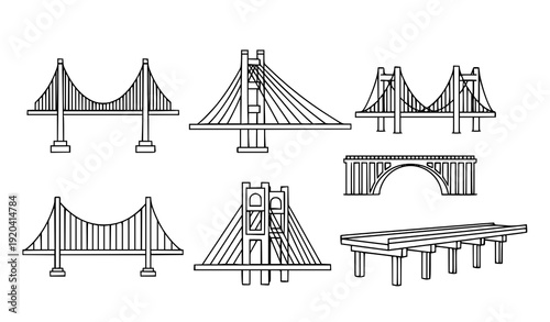 Geometric bridge line icon set with minimal infrastructure symbols isolated on white background