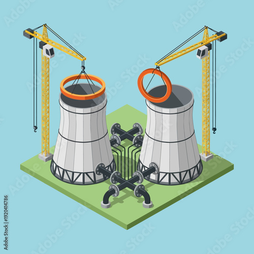 Industrial robots working on large cylindrical tanks with cranes.