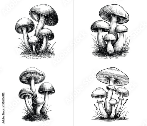 detailed hand drawn mushroom sketch set with vintage ink hatching and woodland fungus botanical details design vector illustration artwork