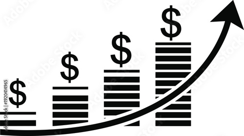 Black and white bar graph with dollar signs and upward arrow