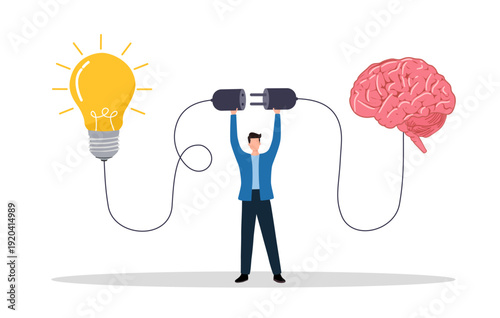 Creativity idea brainstorming, wisdom or imagination to success, connecting new idea or innovation, intelligence or solution concept, businessman connect plug with lightbulb idea to human brain.