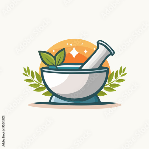 Herbal Medicine Mortar and Pestle Illustration Representing Natural Remedies and Holistic Health