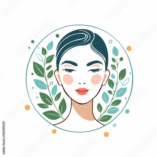 Gentle minimalist illustration of a woman's face intertwined with nature's leaves, evoking a sense of calm and organic beauty and wellness