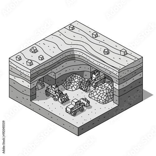 Underground mining operation with excavation equipment and extracted ore.