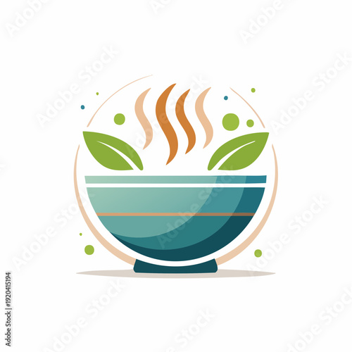 Vibrant illustration of a steaming bowl with fresh green leaves, symbolizing nutritious, natural, and wholesome food