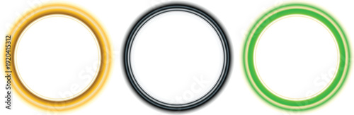 Three circular frames in different colors arranged horizontally on a clean background, viewed from a straightforward perspective.