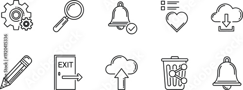 User Interface and System Line Icons Set Featuring Settings Search Notification Cloud and Exit Symbols Vector Collection