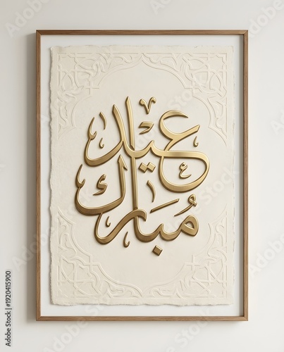 Elegant vertical poster featuring 3D embossed gold metal Arabic calligraphy 