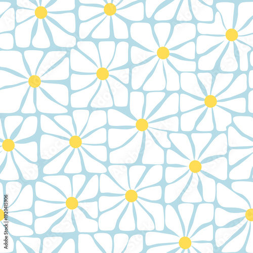 Seamless Stylized Daisy Pattern in Blue and White