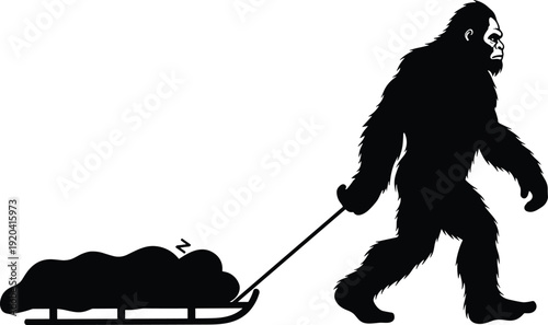 Black silhouette of a mythical Bigfoot Sasquatch character walking and pulling a sleeping figure on a winter snow sled