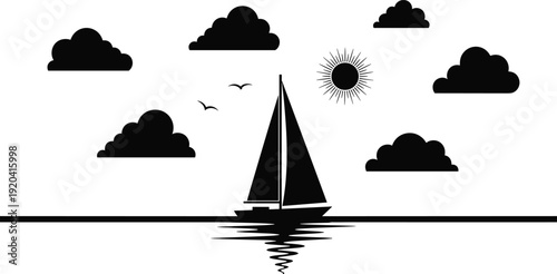 Black silhouette of a sailboat on the water under a sunny sky with clouds and seagulls in flat design