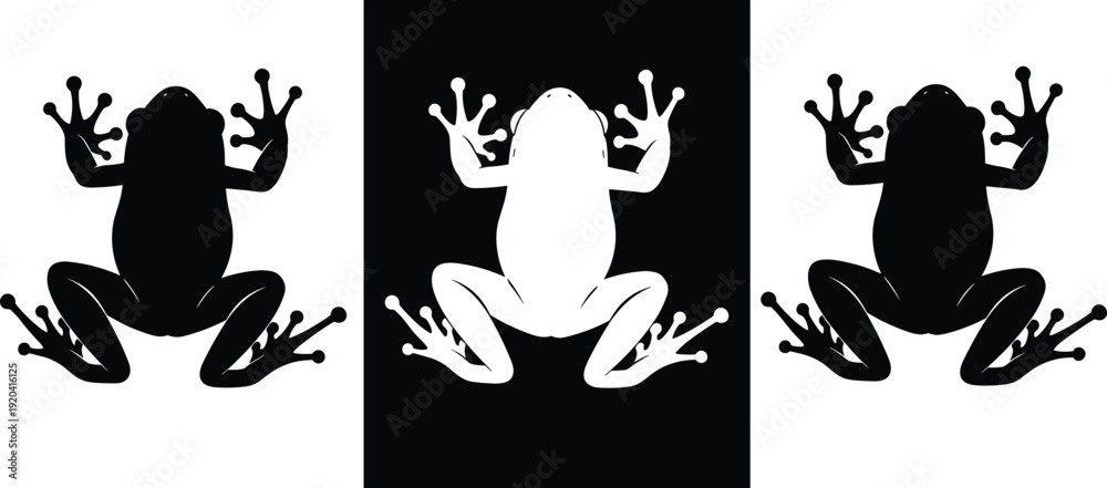 Obraz premium Collection of black and white frog silhouettes viewed from above featuring long legs and detailed toes isolated on white background