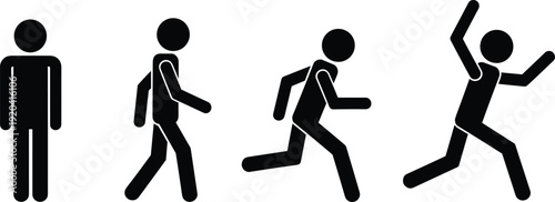 Black stick figure silhouettes in a sequence showing various actions including standing walking running and jumping with arms raised