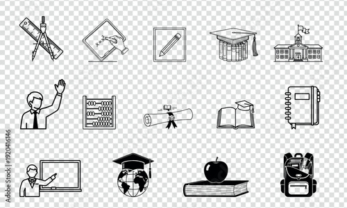 Educational icons set including classroom graduation and learning tools