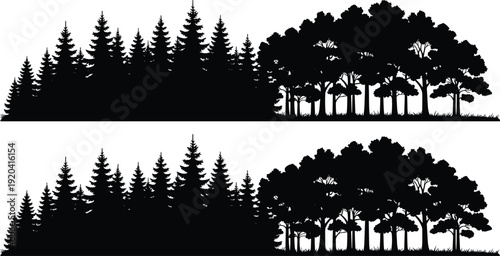 Collection of black silhouettes featuring dense evergreen pine forests and lush deciduous tree horizons isolated on a white background