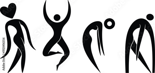 Collection of four abstract black human silhouettes in artistic fluid poses including a figure with a heart head and stretching