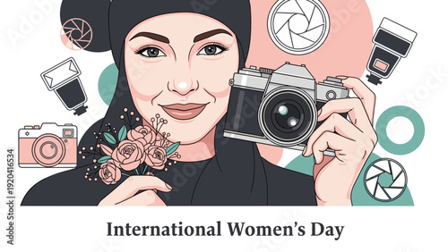 Smiling woman in hijab holding a vintage camera with photography gear for International Women's Day concept and creative female empowerment