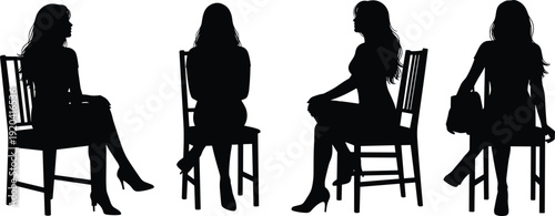 Collection of four black silhouettes of women with long hair sitting in chairs in various graceful poses isolated on white