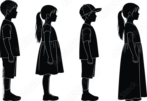 Collection of four black silhouettes of young boys and girls standing in side profile views isolated on white background