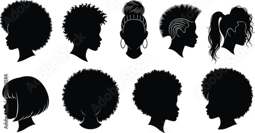 Collection of nine black silhouettes of female head profiles featuring diverse natural hairstyles afro textures mohawks buns and curly ponytails