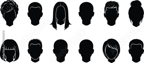 Collection of twelve black silhouettes of diverse men and women head shapes featuring various hairstyles isolated on white background