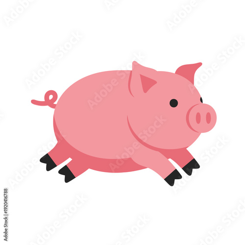 Cute cartoon pig running happily with a curly tail, a playful farm animal illustration