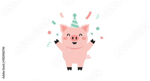 Adorable Cartoon Pig Celebrating with Confetti and Party Hat, a Symbol of Joyful Festivity and Happiness
