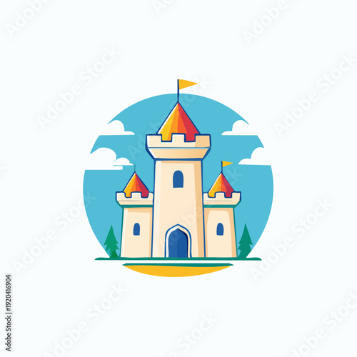 Cartoon castle with flags on towers and trees on a sunny day with clouds