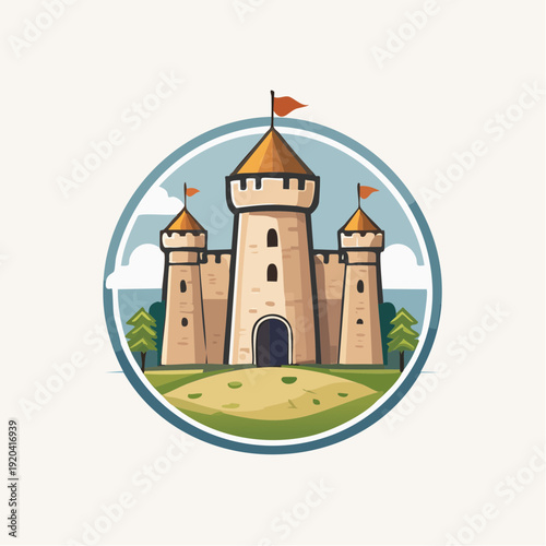 Medieval Castle Illustration with Towers and Flags in a Circular Emblem