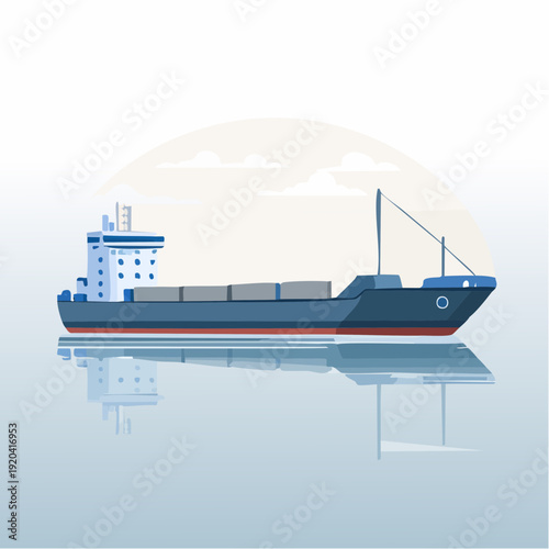 Large cargo ship sailing on the calm water with a reflection